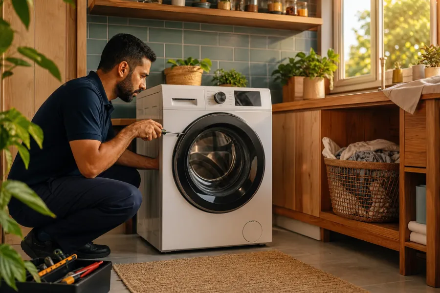 Técnico consertando uma máquina de lavar na casa do cliente